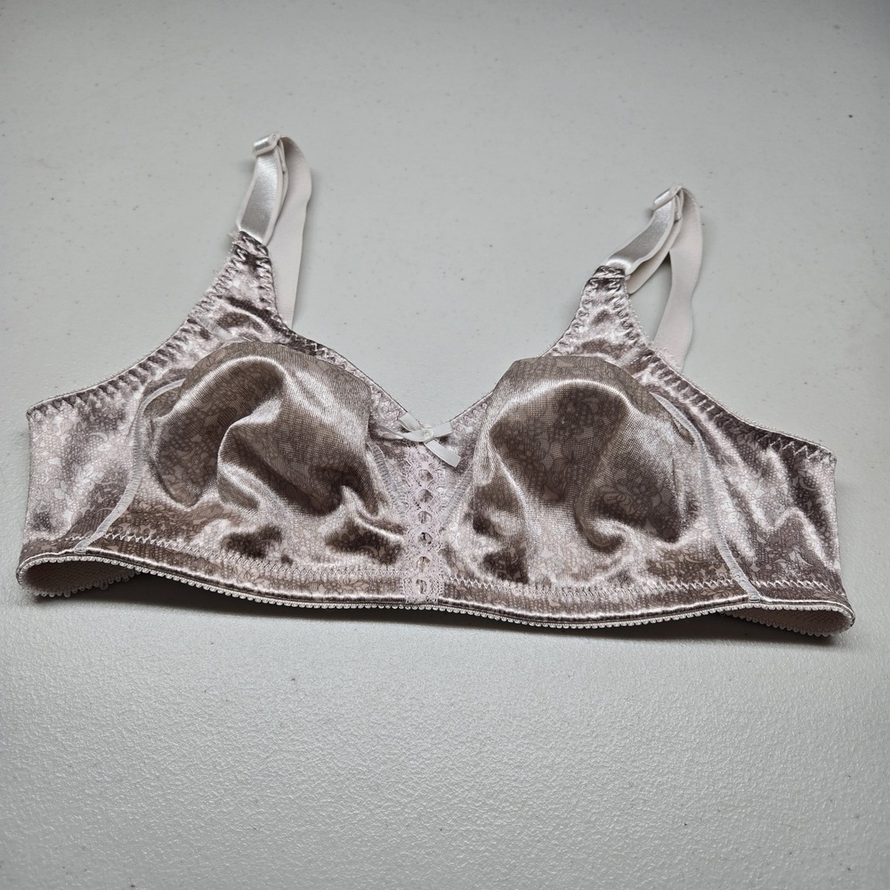 Bali Women Bra 36C Beige Floral 3820 T Shirt Wireless Bow Lace Satin